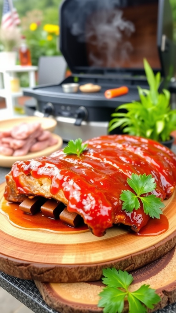 BBQ ribs glazed with sauce on a wooden platter, garnished with parsley, with a grill in the background.